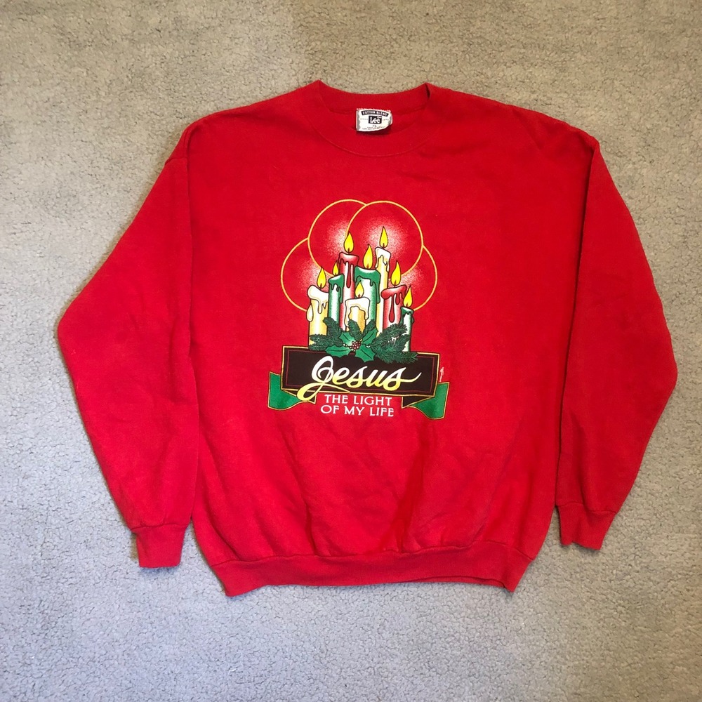 Jesus The Light Of My Life Sweatshirt Red XL Made in USA 90s Graphic‎ Christmas